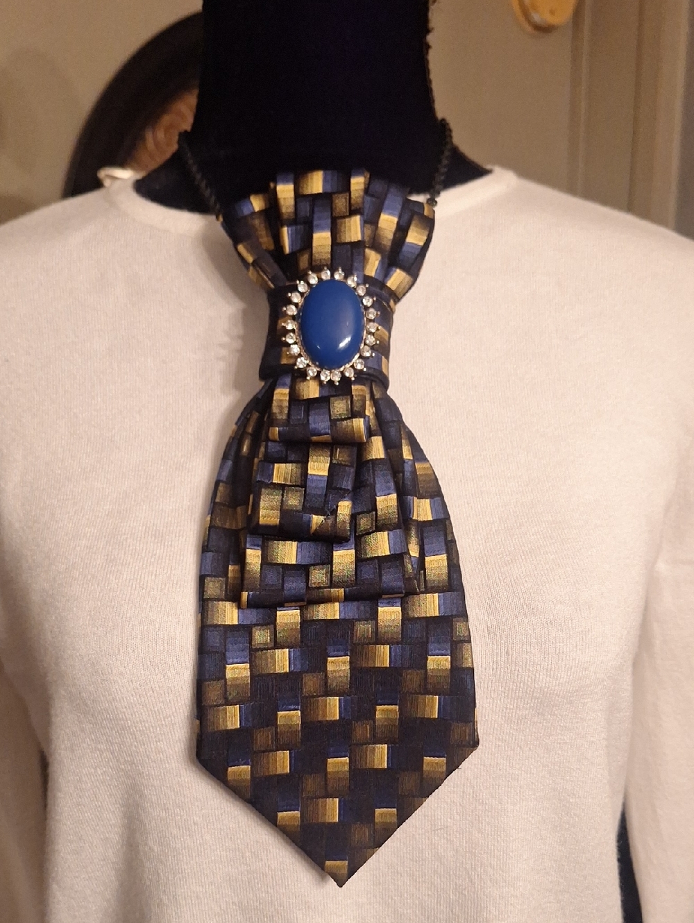 Joseph & Feiss Upcycled Blue and Gold Geometric Necktie Necklace